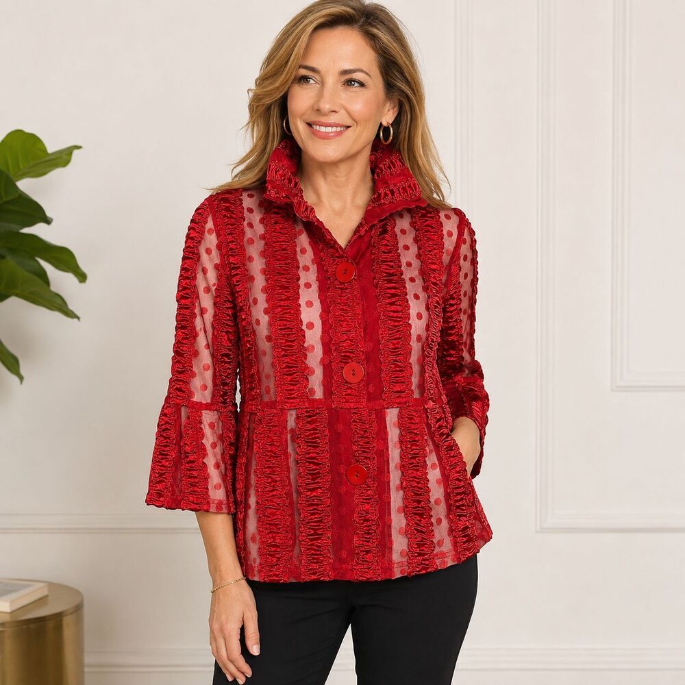 Damee Red Wire Collar Sheer Mesh Polka Dot Ruffle Topper Jacket S (No Size Tag)